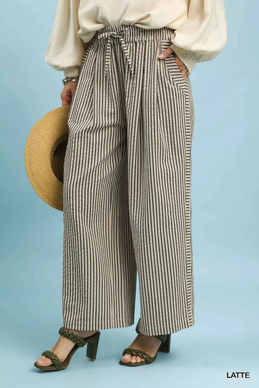 Umgee Drawstring Striped Wide-Leg Pants