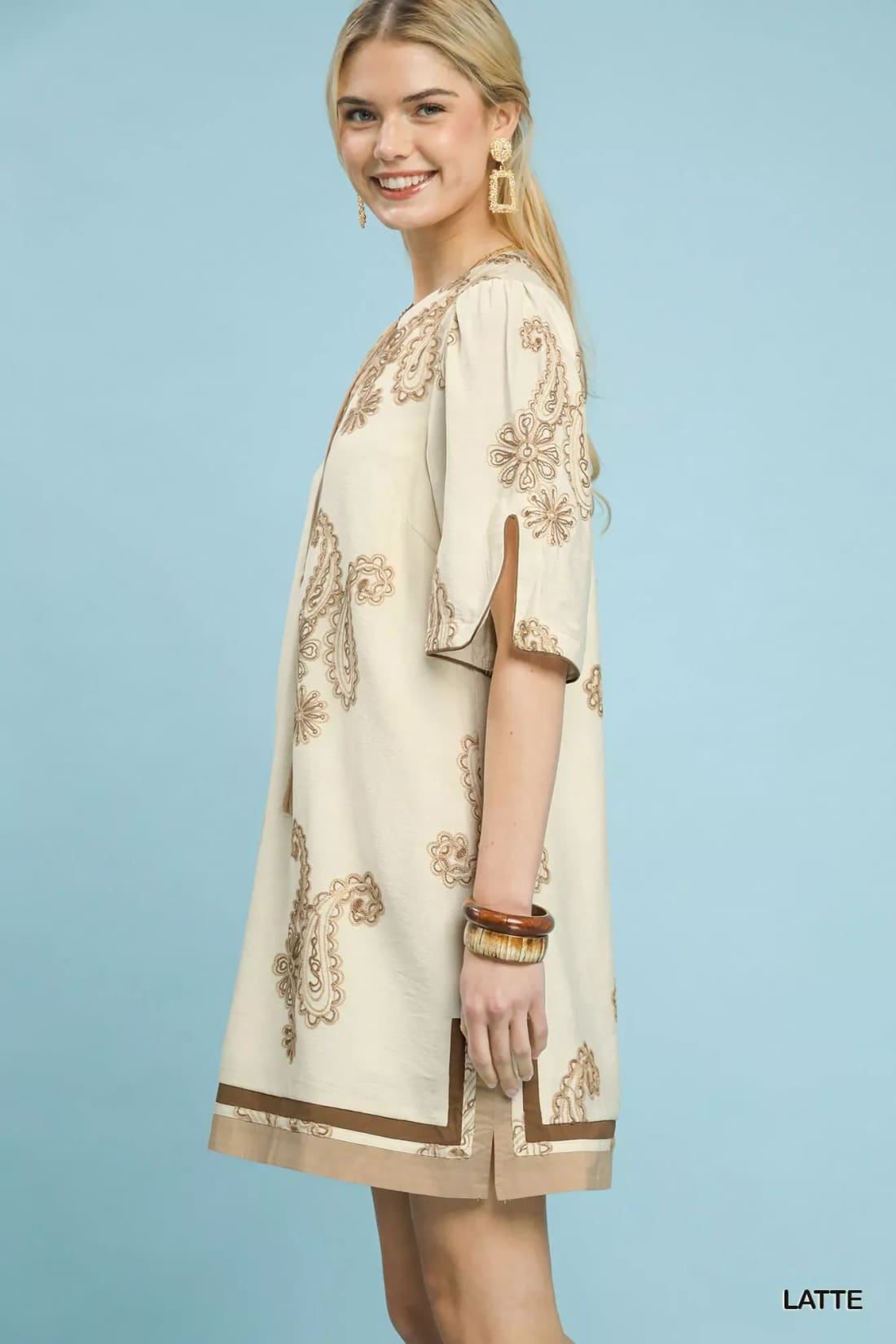 Umgee Embroidered Split Neck Shift Dress