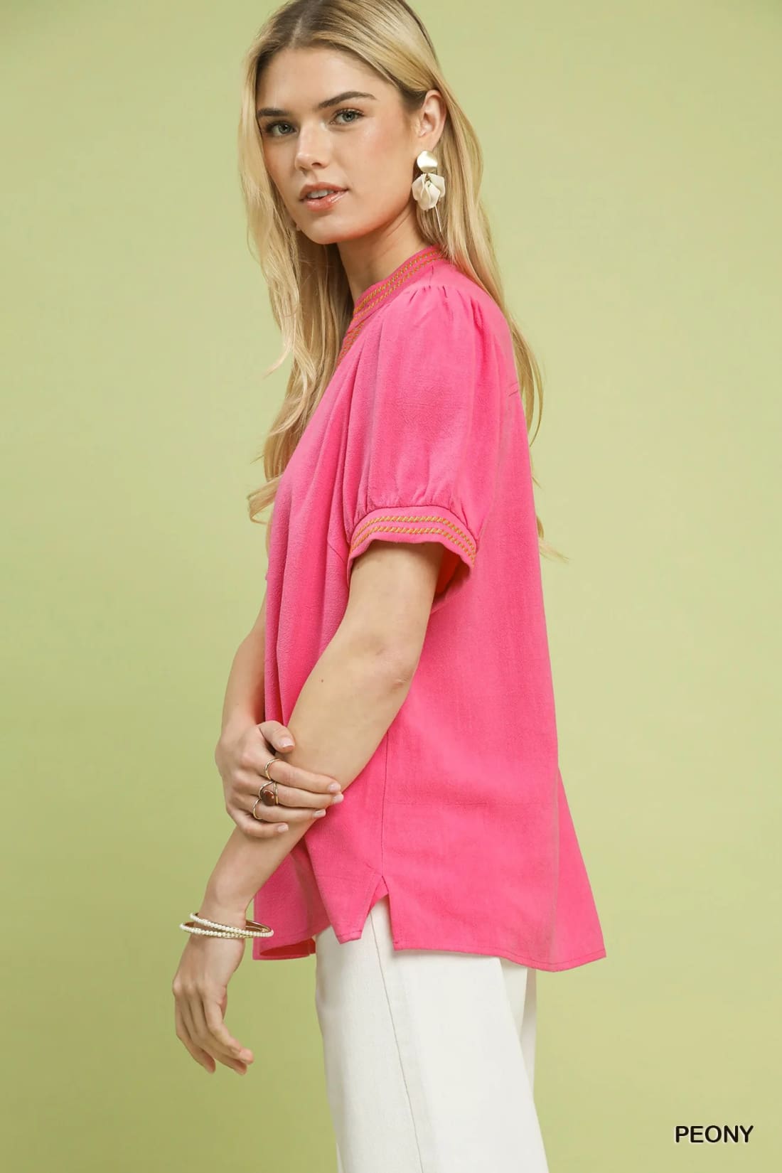 Umgee Embroidery Linen Puff Sleeve Blouse