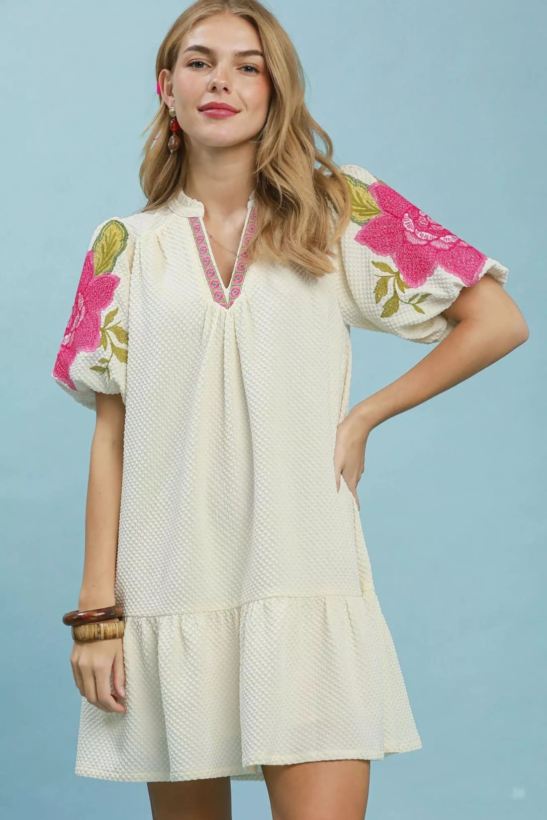 Umgee Floral Embroidered Textured Jacquard Dress