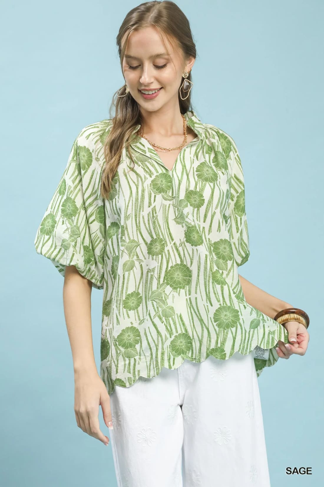 Umgee Floral Scalloped Edge Puff Sleeve Blouse with High-Low Curved Hem