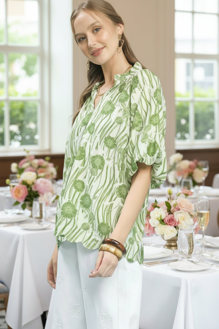 Umgee Floral Scalloped Edge Puff Sleeve Blouse with High-Low Curved Hem