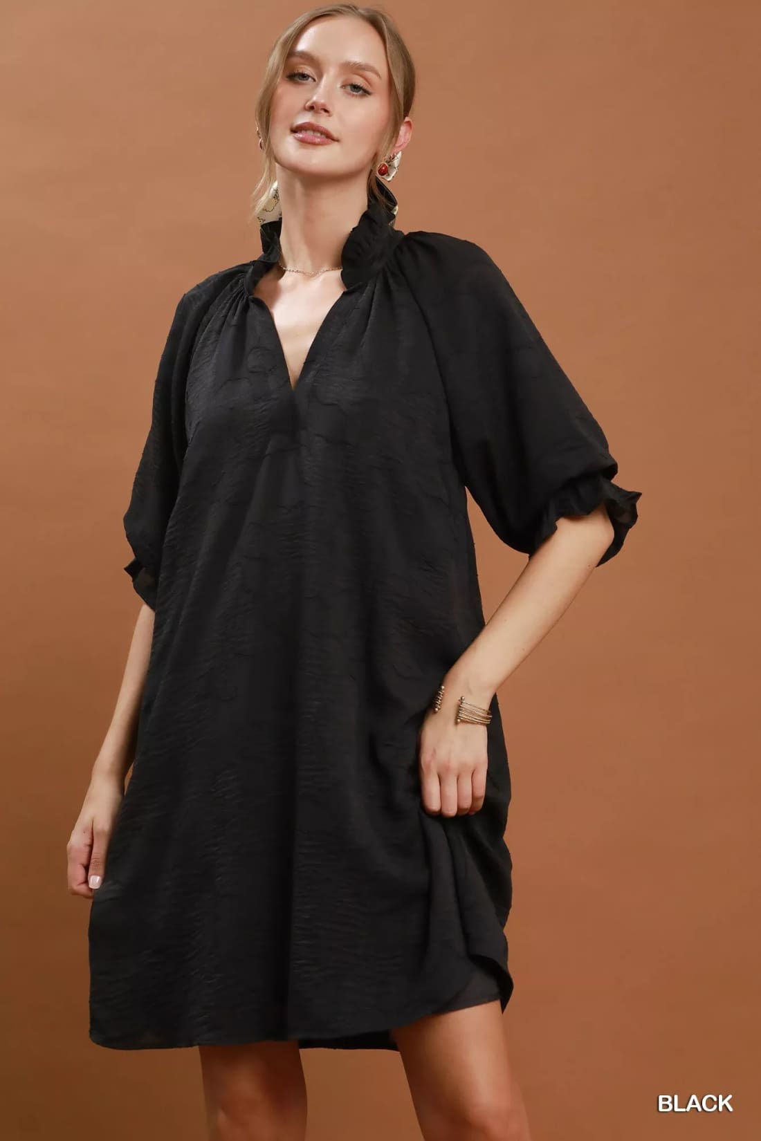 Umgee Floral Textured Jacqaurd V-Neck Dress