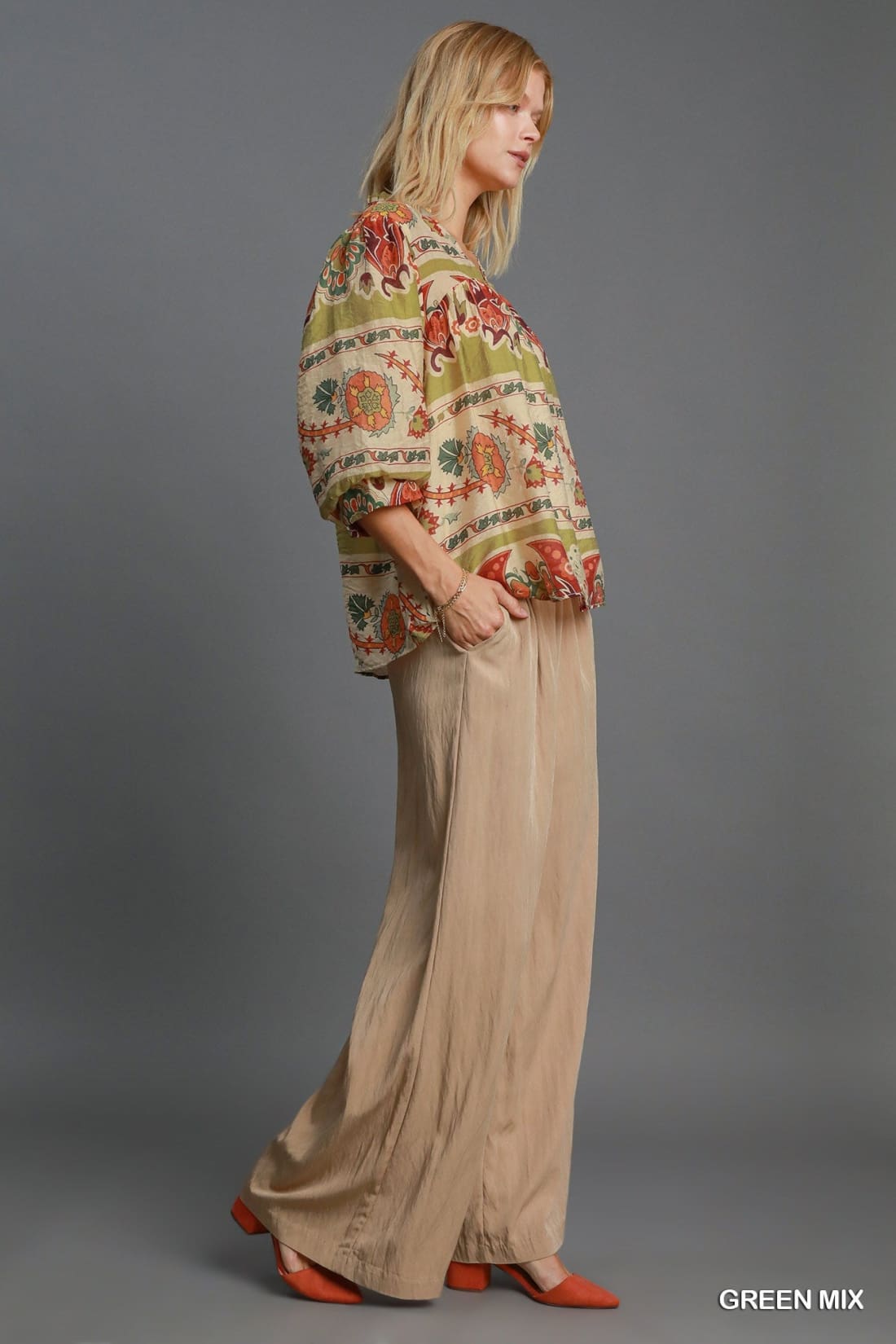 Umgee Full Size Border Print Notched 3/4 Puff Sleeve Blouse Plus Size