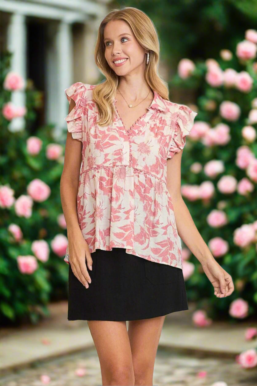 Umgee Full Size Botanical Print Babydoll Top Plus Size