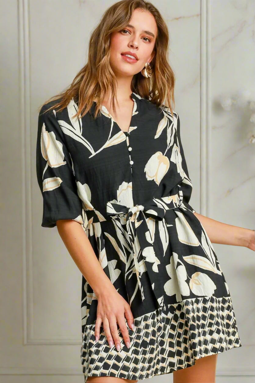 Umgee Full Size Floral Print Notched Tie Waist Mini Dress Plus Size