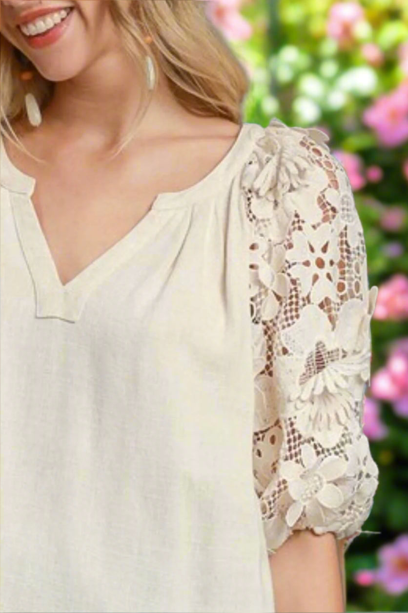 Umgee Full Size French Terry Boxy Cut Top with 3D Floral Sleeve Plus Size