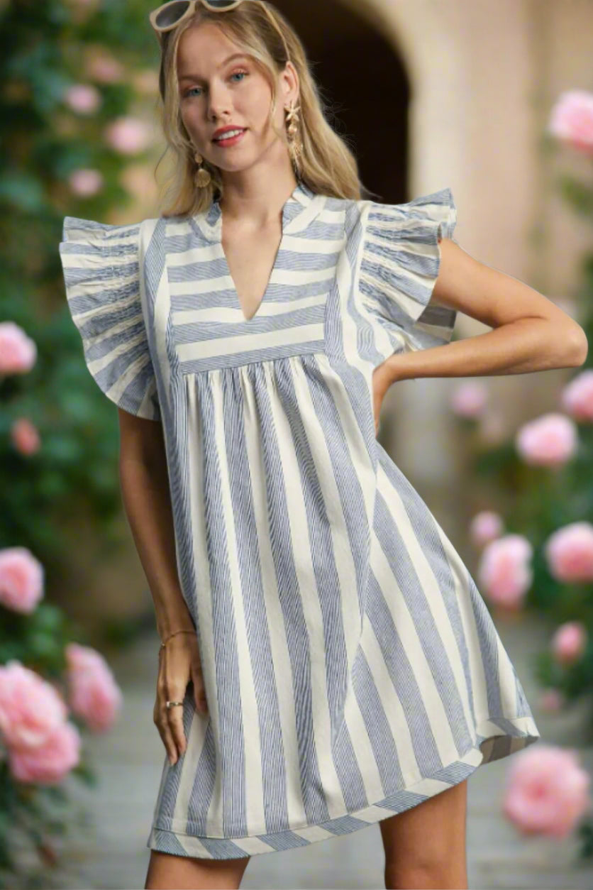Umgee Full Size Striped Notched Ruffled Cap Sleeve Mini Dress Plus Size
