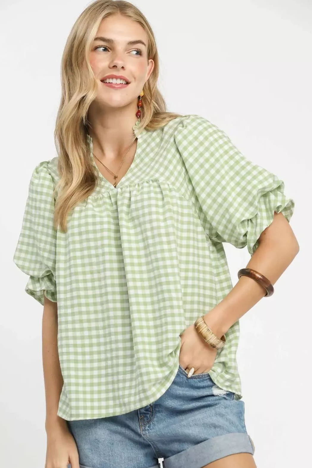 Umgee Gingham Puff Sleeve Babydoll Blouse