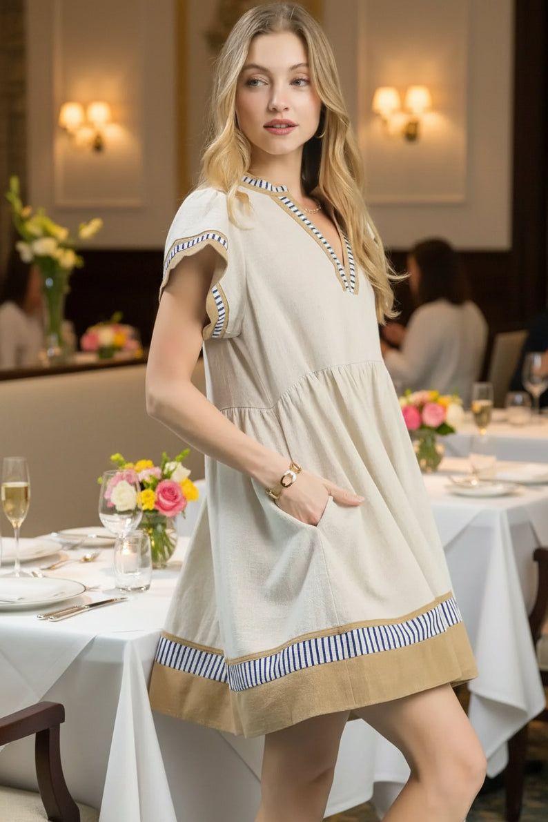 Umgee Linen Color Block Flutter Sleeve Dress
