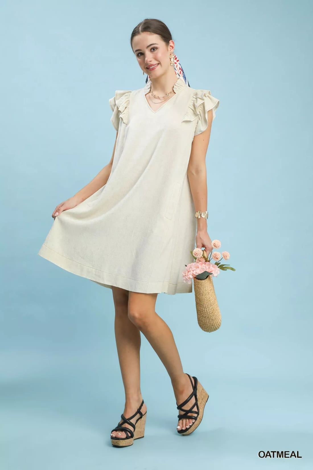 Umgee Linen Flutter Sleeve Shift Dress with Pockets