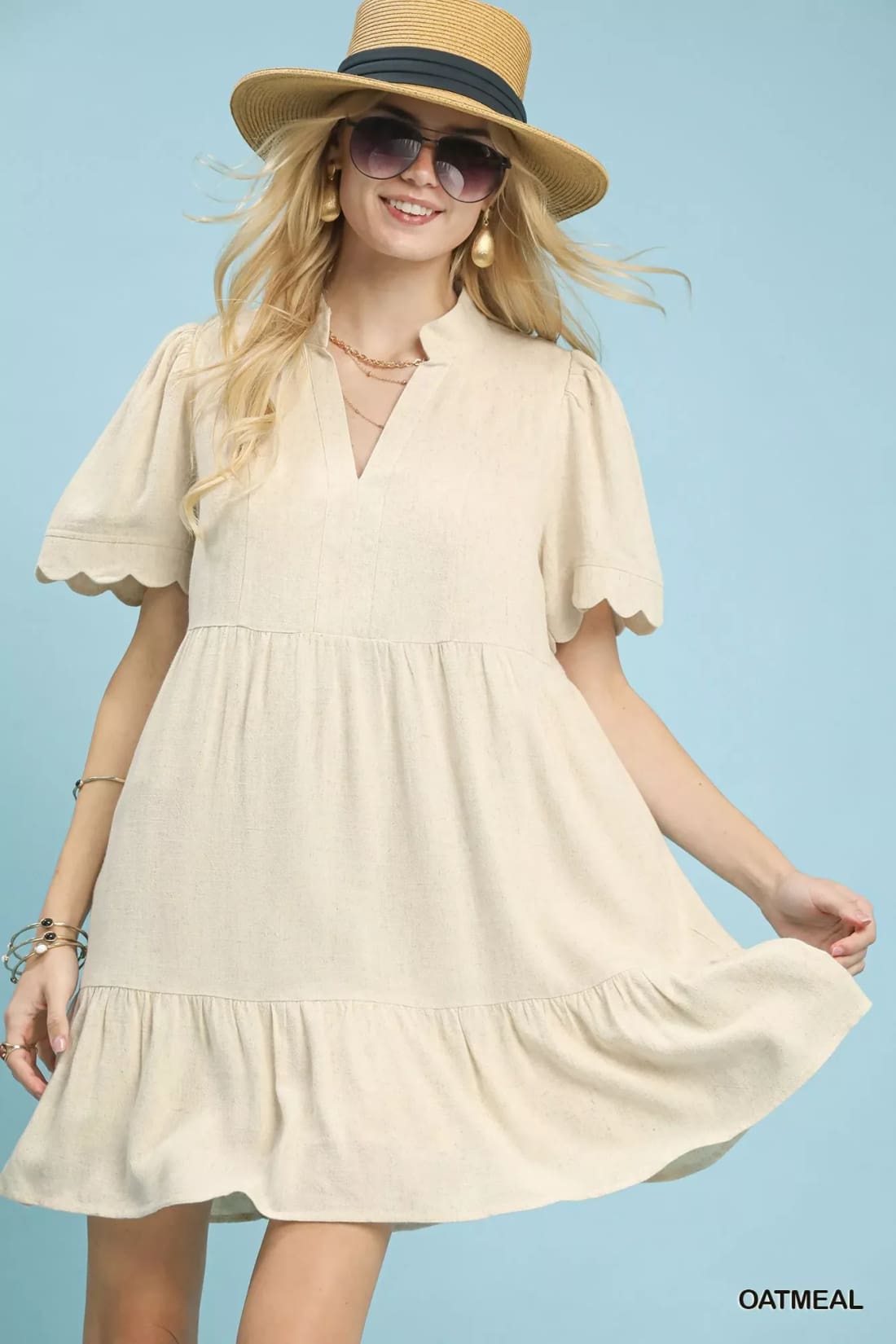Umgee Linen Tiered Babydoll Dress with Scalloped Sleeves