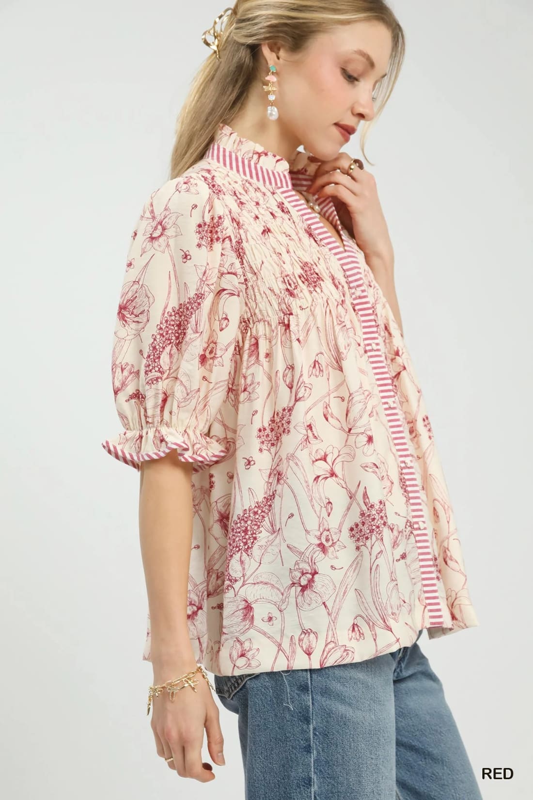 Umgee Mixed Print Button Front Top