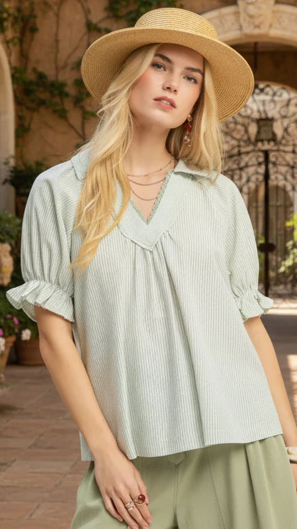 Umgee Pinstripe V-Neck Ruffle Sleeve Blouse
