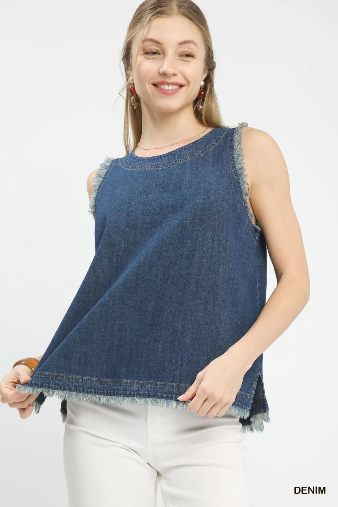Umgee Sleeveless Fringe Hem Denim Top