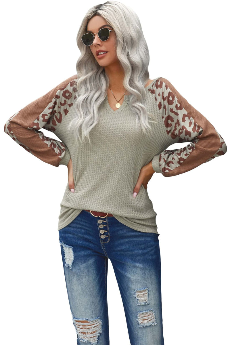 Waffle Knit Pullover with Leopard Detail in Mocha | Long Sleeve Tops