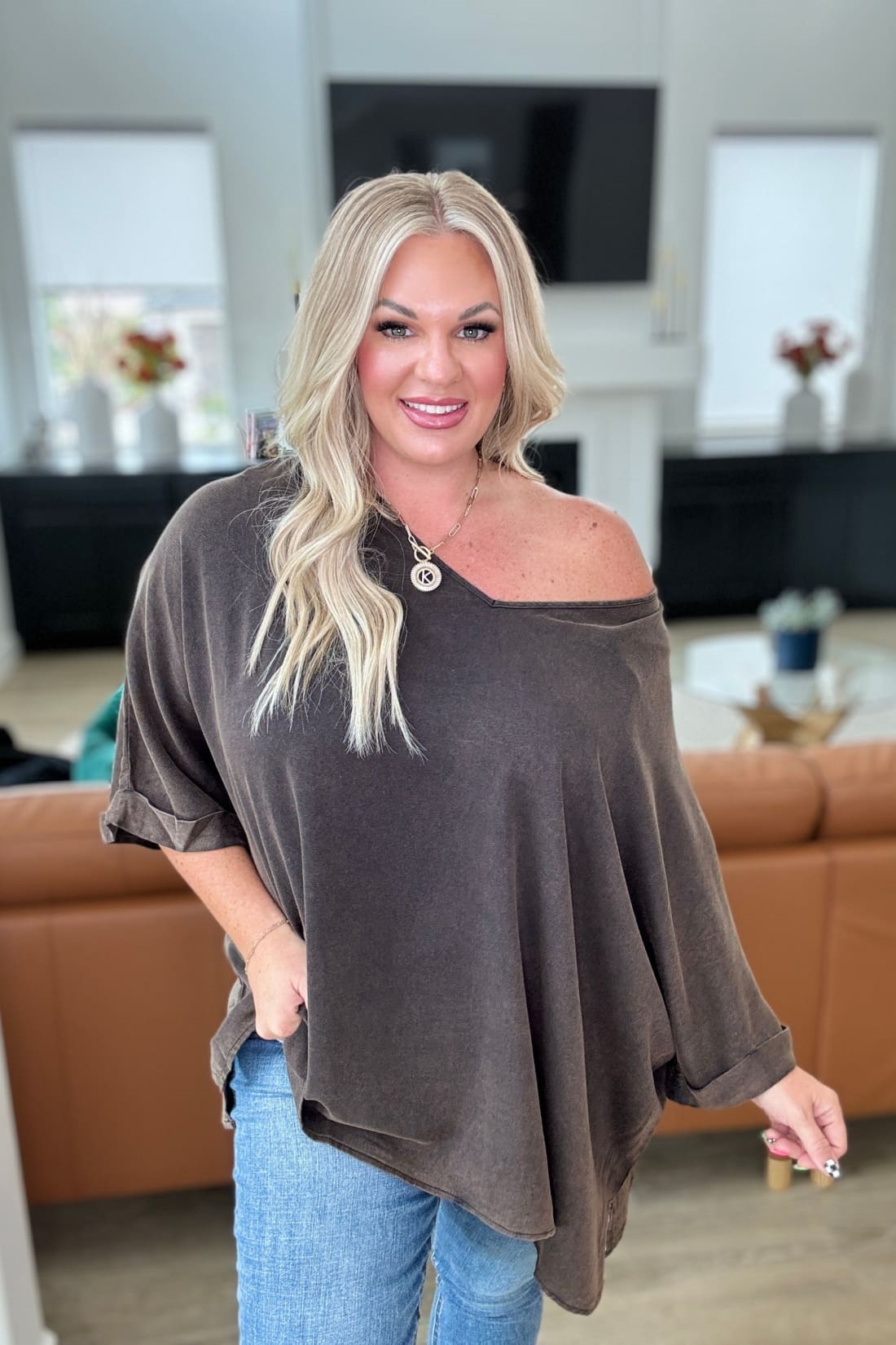 Mineral Washed Oversized Rayon Brown Top