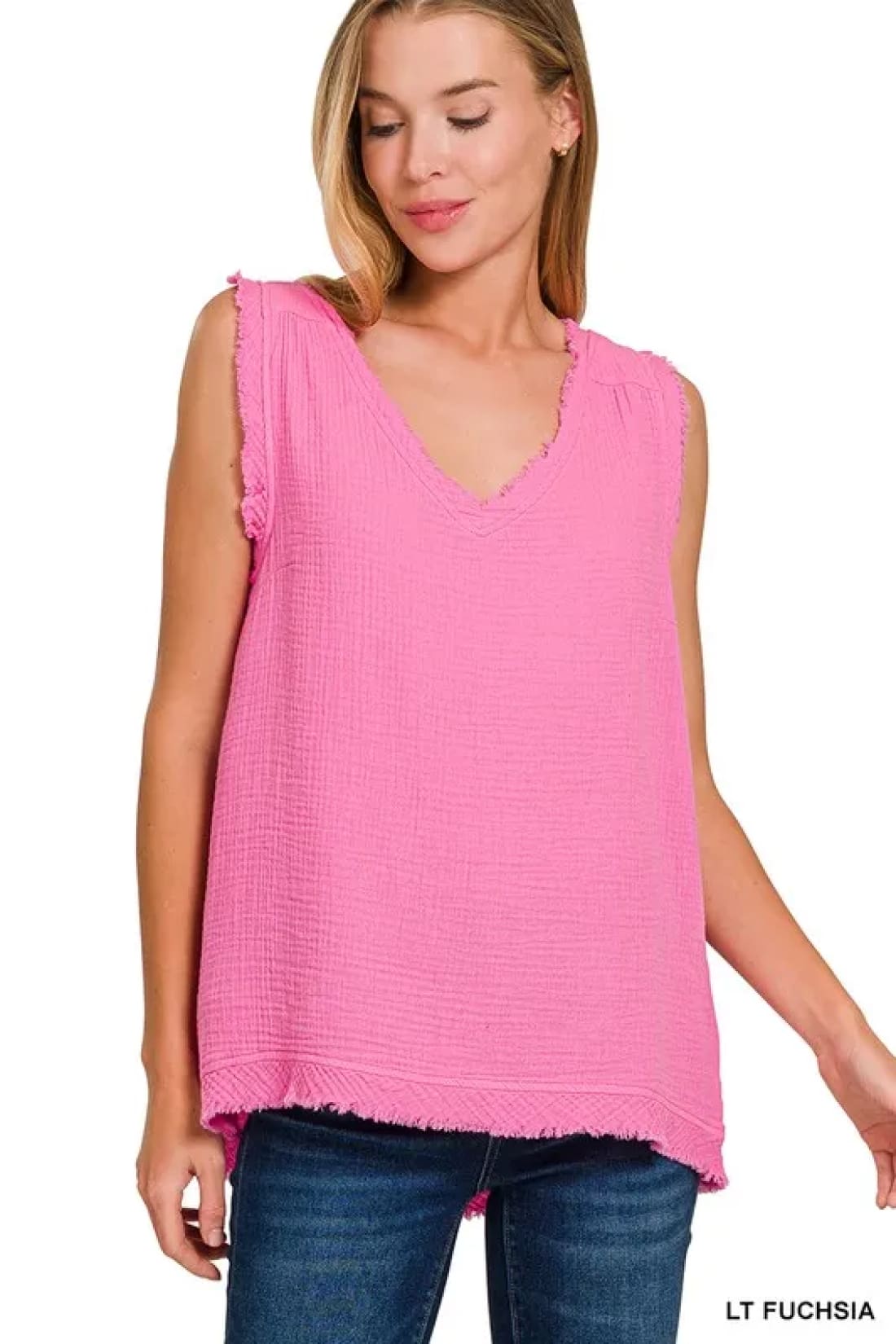 Zenana Double Gauze Raw Edge V Neck Tank