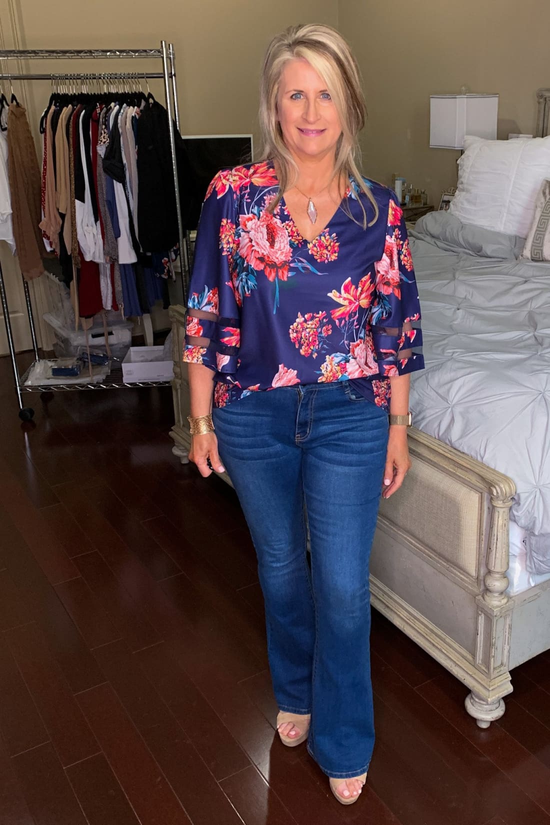 3/4 Flared Kimono Sleeve Floral Chiffon Blouse V-neck Leopard Print Top