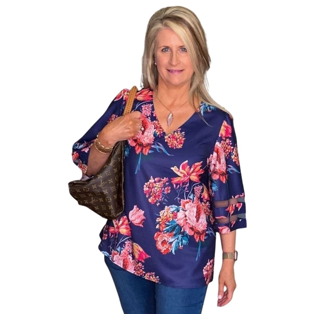 3/4 Flared Kimono Sleeve Floral Chiffon Blouse V-neck Leopard Print Top