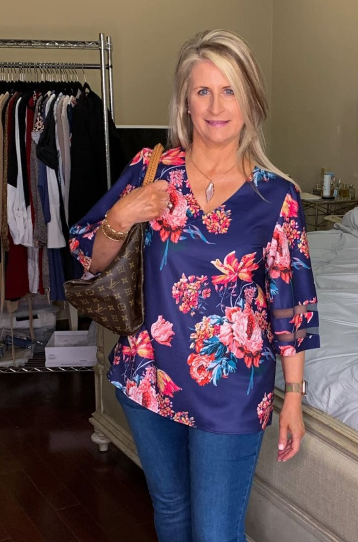 3/4 Flared Kimono Sleeve Floral Chiffon Blouse V-neck Leopard Print Top