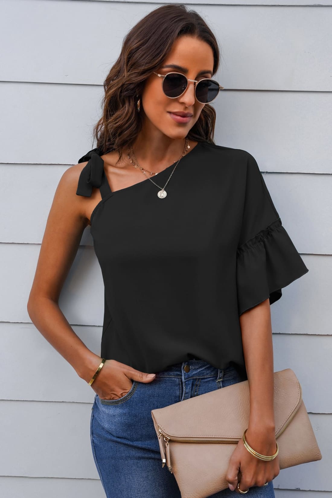 Asymmetrical Flutter Sleeve One Shoulder Top