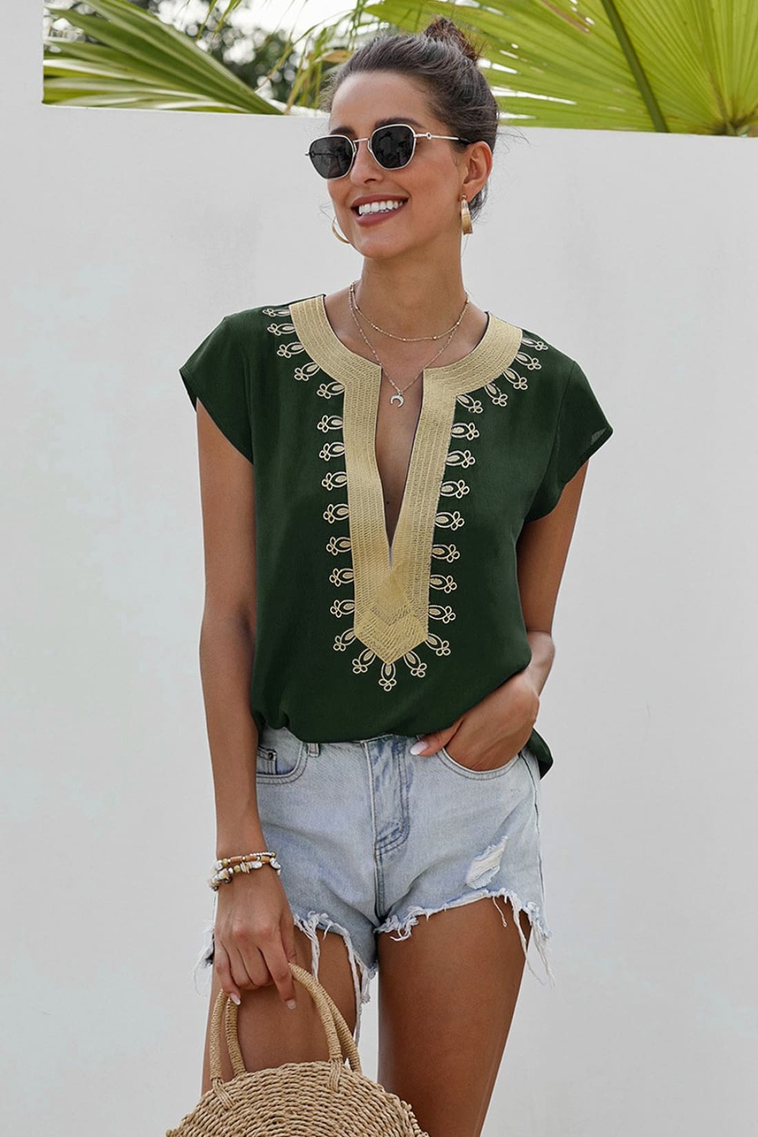 Boho Embroidered Short Sleeve Tunic Shift Blouse