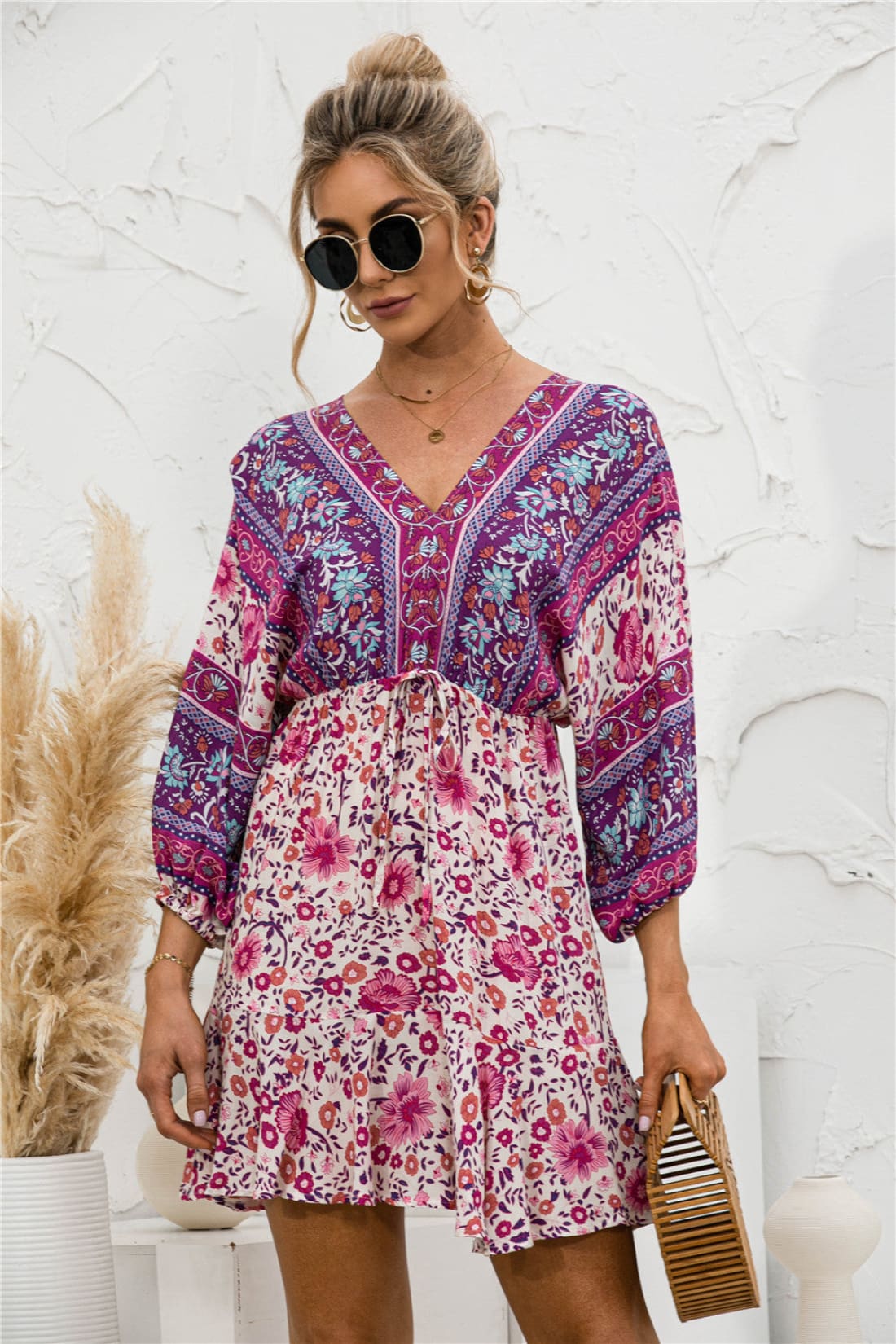 Boho Resort Floral Print Backless Lantern Sleeve Mini Dress