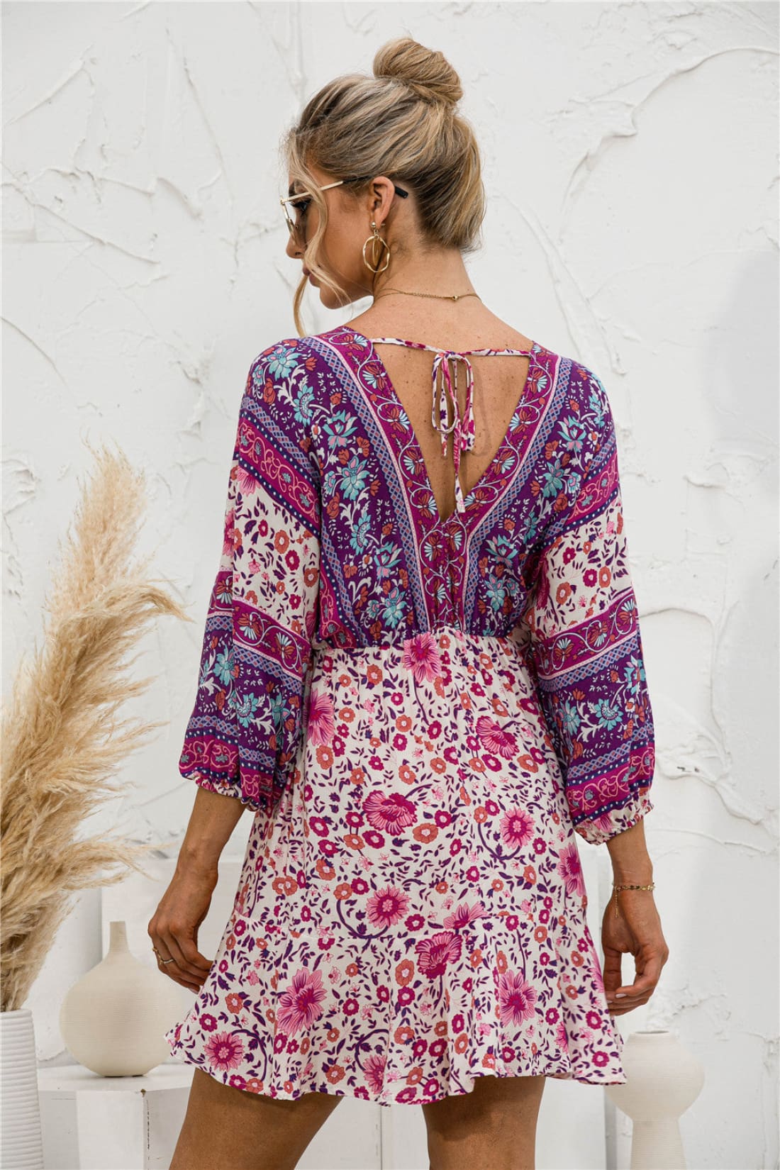 Boho Resort Floral Print Backless Lantern Sleeve Mini Dress