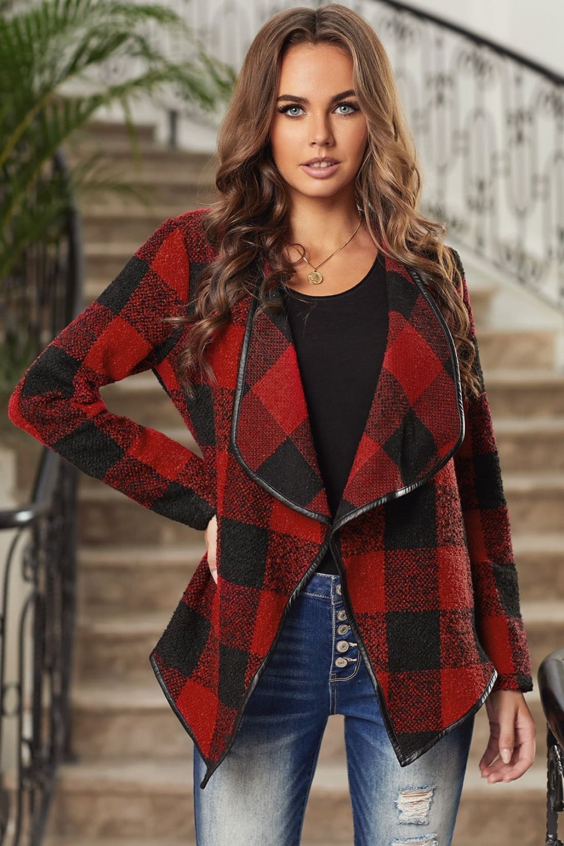 Buffalo Plaid Shawl Collar Jacket in Red - Limited Quantities