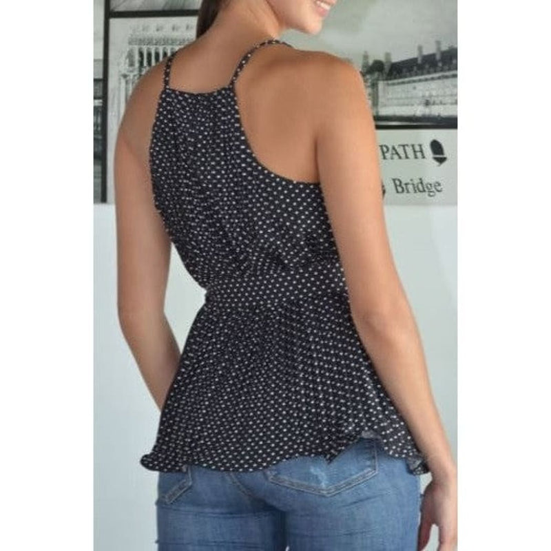 Fashion Boutique Black Polka Dot Pleated Tie Waist Peplum Halter Top for Skinny Jeans | Tank Tops
