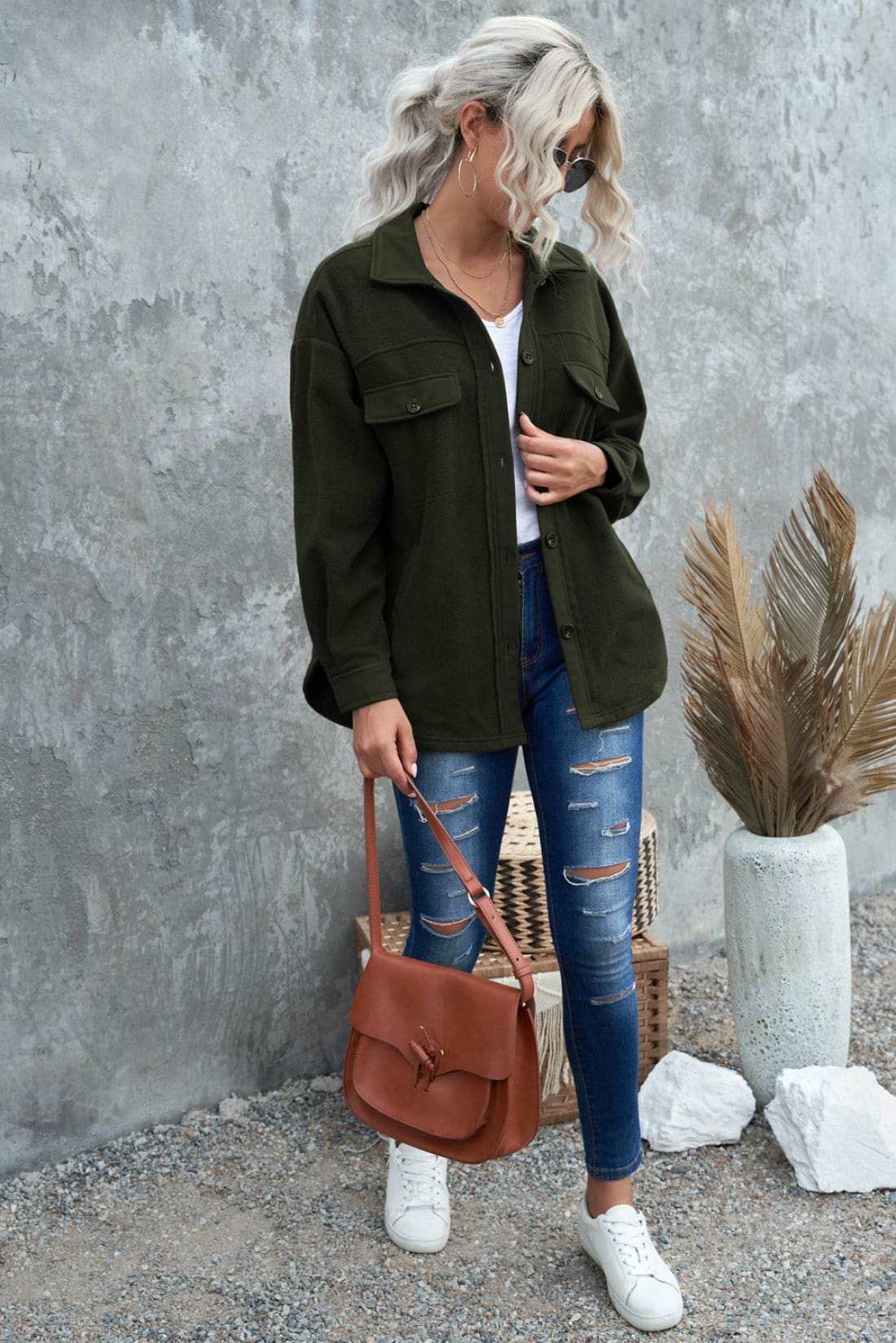 Fleece Buttoned Shirt Jacket in Brown