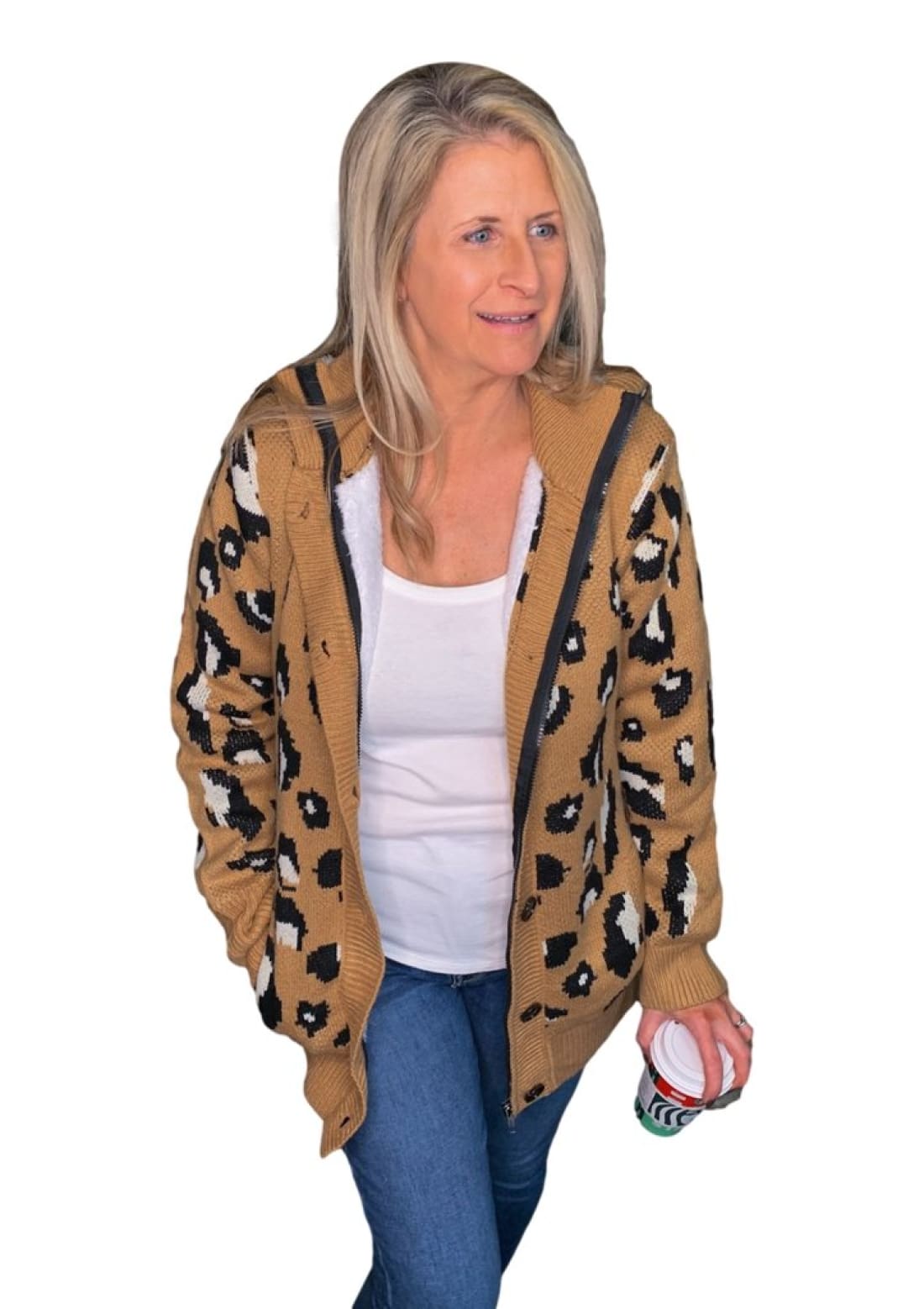 Long Sleeve Button-up Hooded Leopard Print Cardigan Sweatshirt Coat - Brown