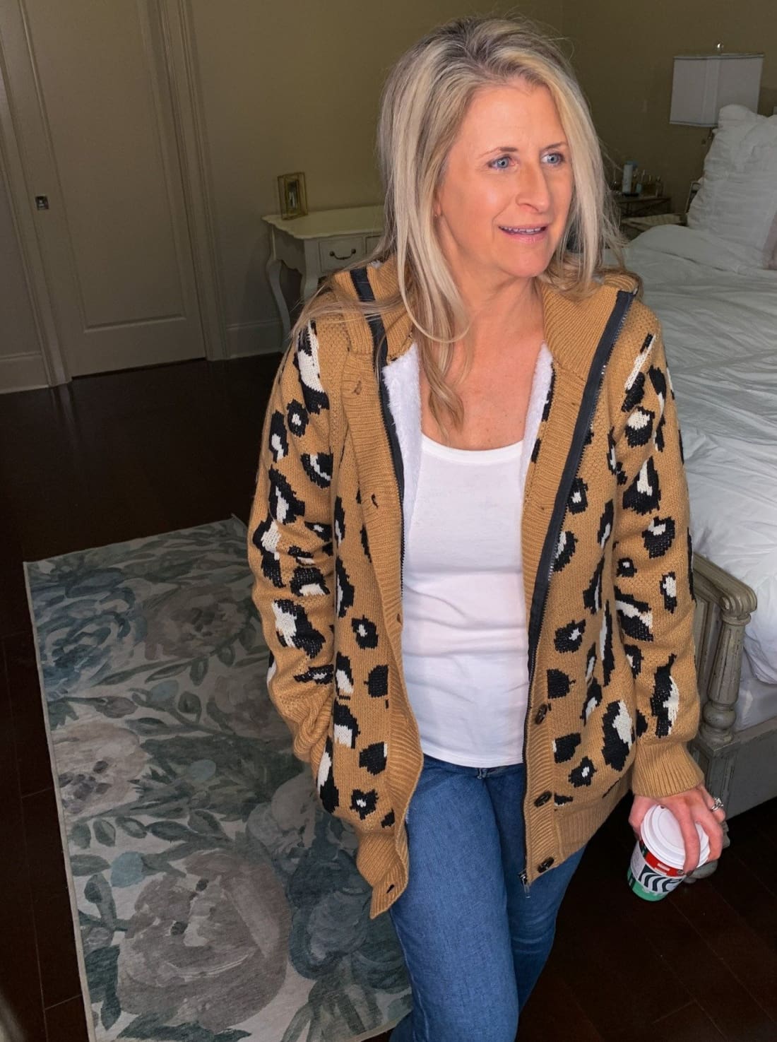 Long Sleeve Button-up Hooded Leopard Print Cardigan Sweatshirt Coat - Brown