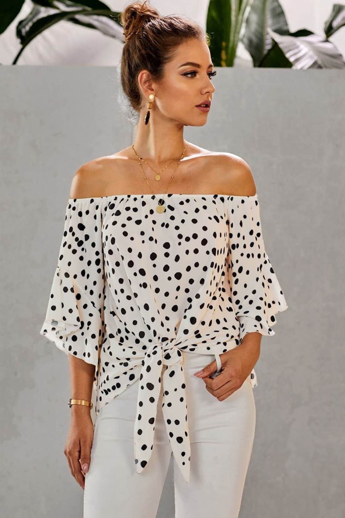 Polka Dot 3/4 Bell Sleeve Off Shoulder Front Tie Knot Top
