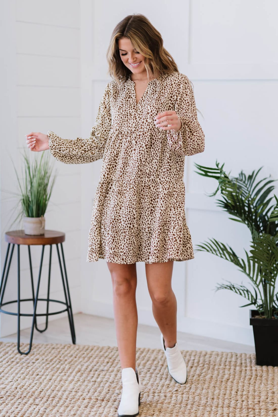 Romantic Spotted Tiered Mini Dress in Khaki