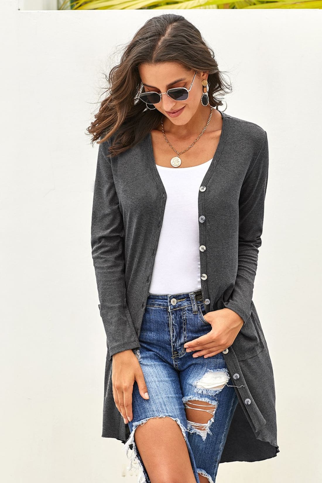 Slouchy Dramatic Button Down Pocketed High Low Cardigan
