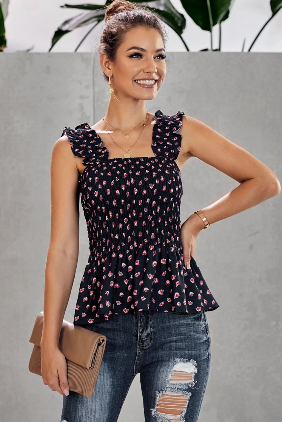 Tara Smocked Sleeveless Peplum Floral Top - Several Colors