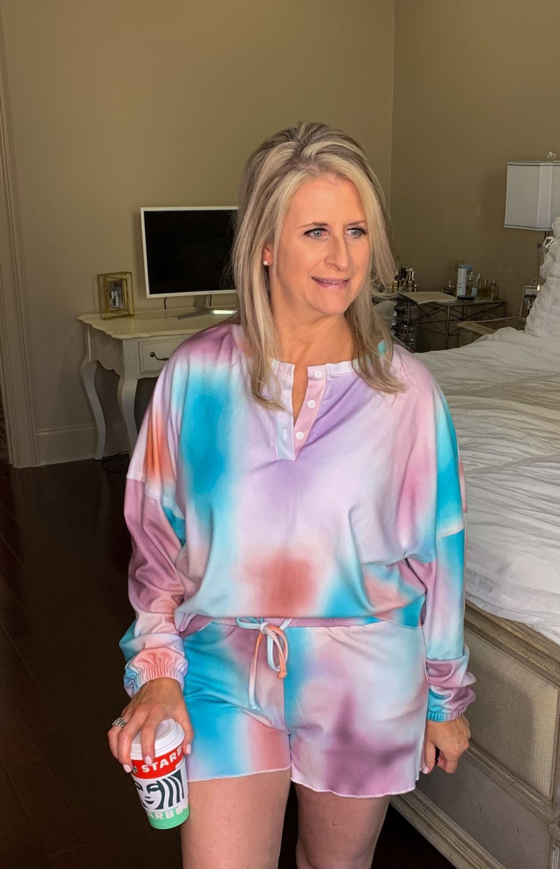 Tie Dye Knit Pajamas Shorts Year-Round Loungewear Set - Multicolor