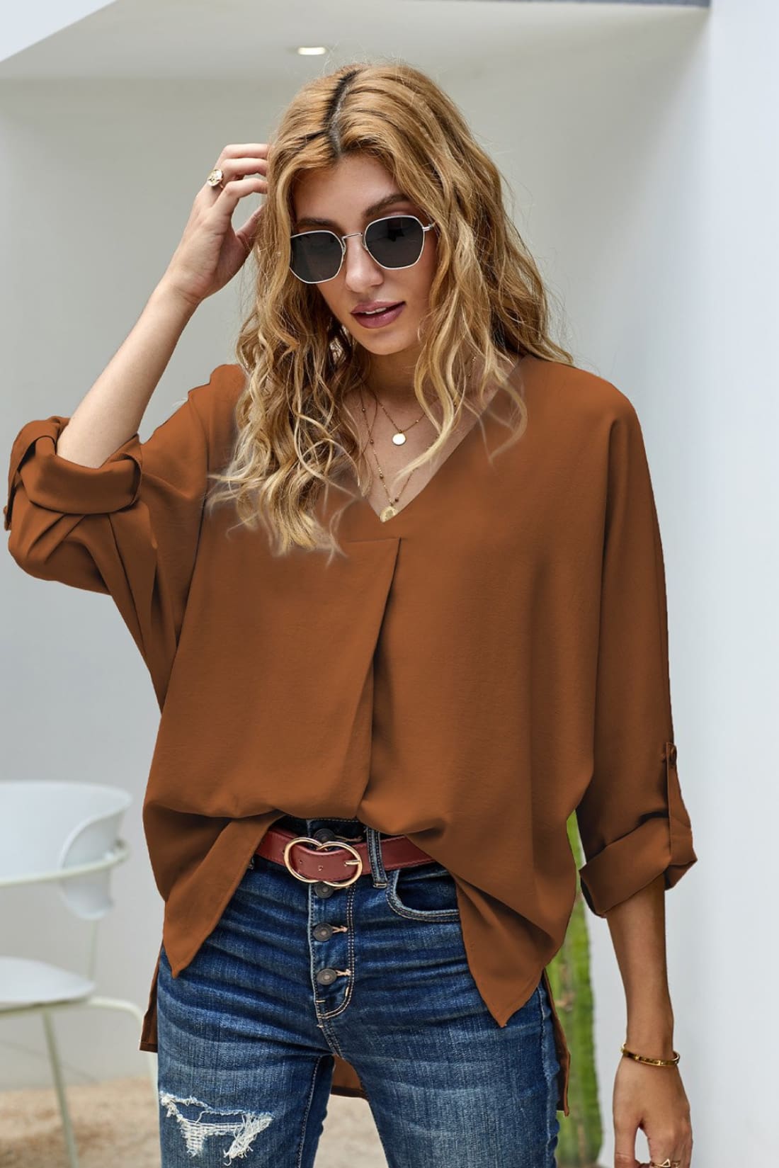 V Neck 3/4 Sleeve High Low Hem Tunic Shirt to Wear with Skinny Jeans