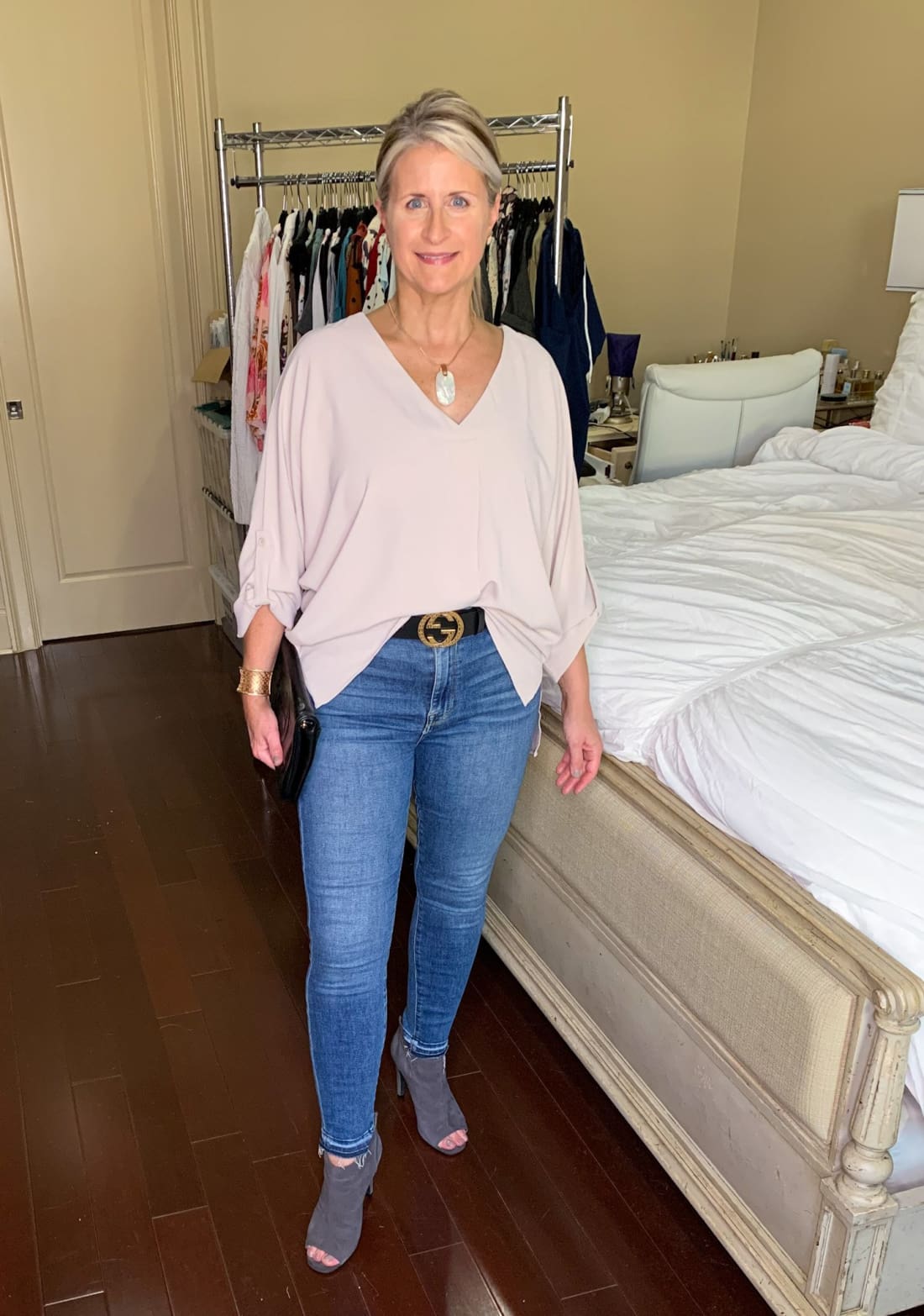 V Neck 3/4 Sleeve High Low Hem Tunic Shirt to Wear with Skinny Jeans