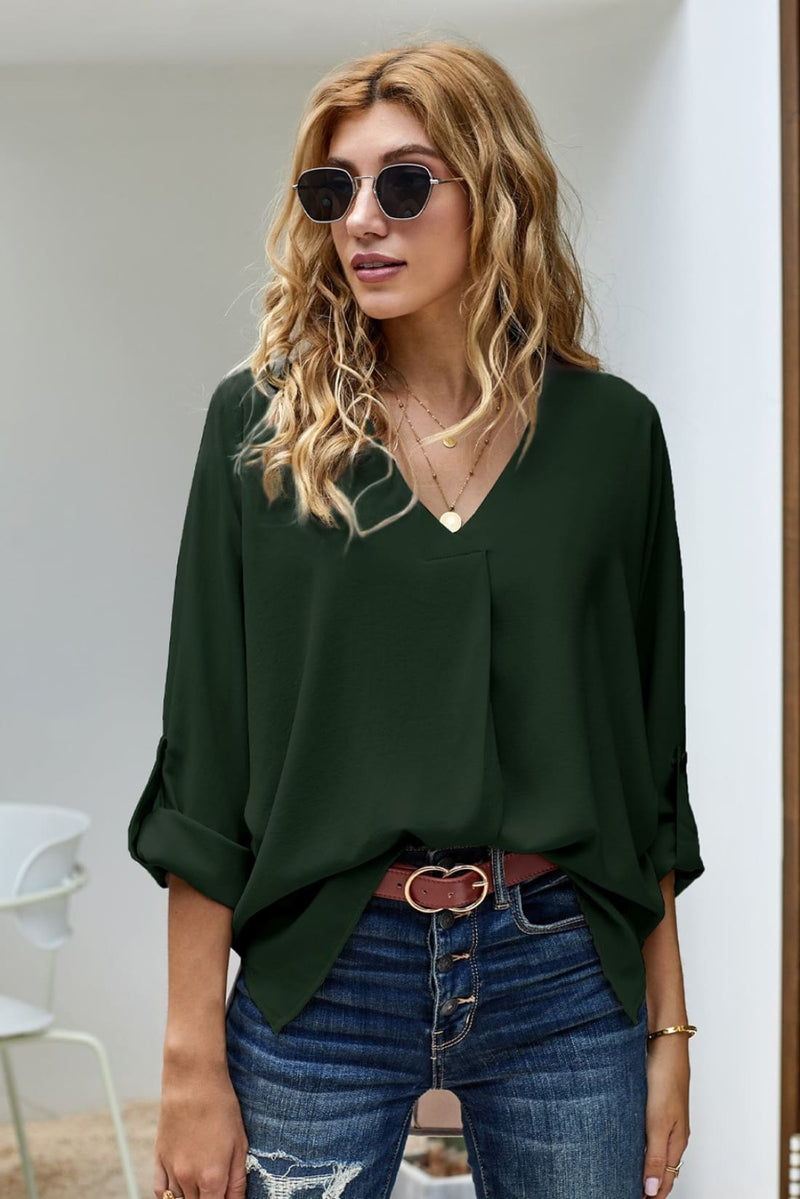 V Neck 3/4 Sleeve High Low Hem Tunic Shirt to Wear with Skinny Jeans | Blouses & Shirts