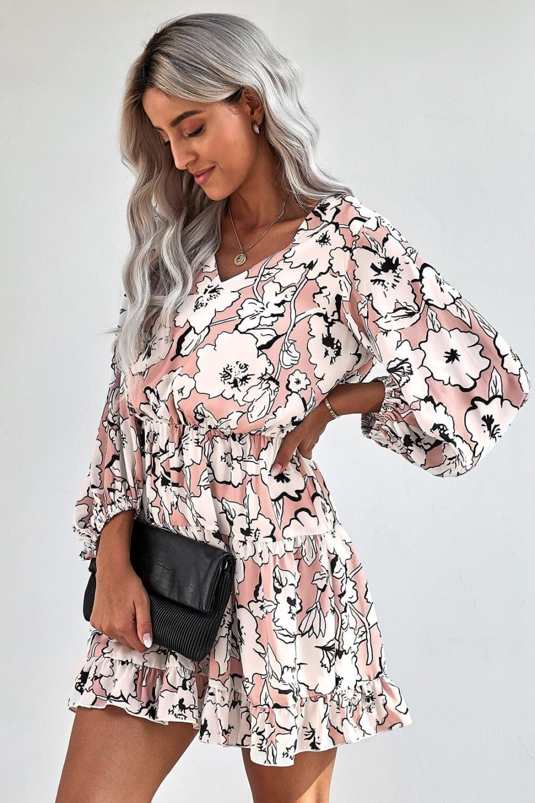 V Neck Lantern Sleeves Floral Tunic Mini Dress