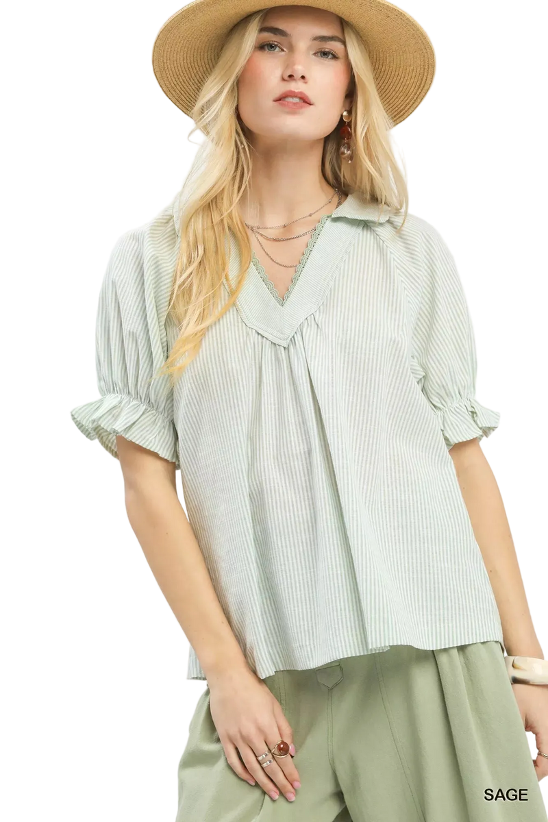 Umgee Pinstripe V-Neck Ruffle Sleeve Blouse