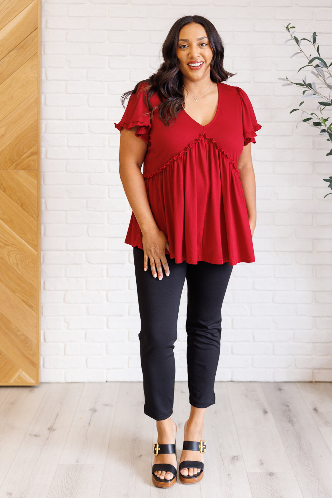 One Day Soon V-Neck Ruffle Detail Top