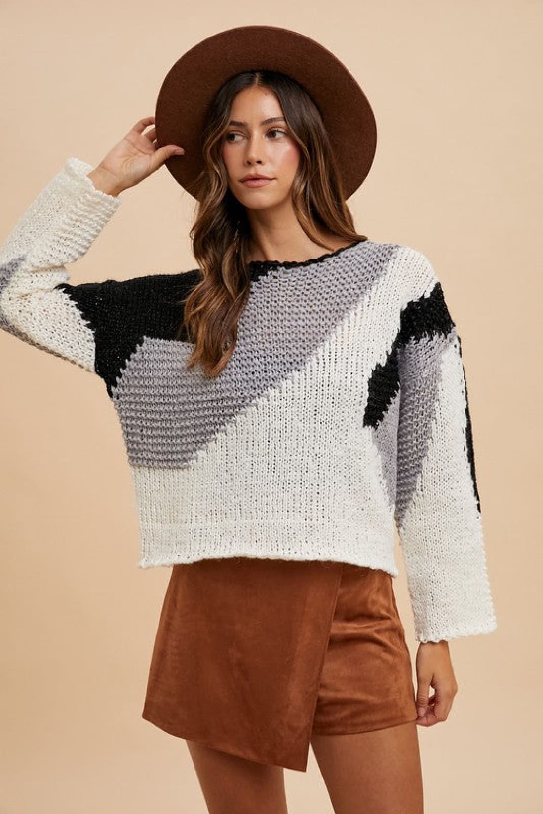 Abstract Color Block Drop Shoulder Sweater in Black