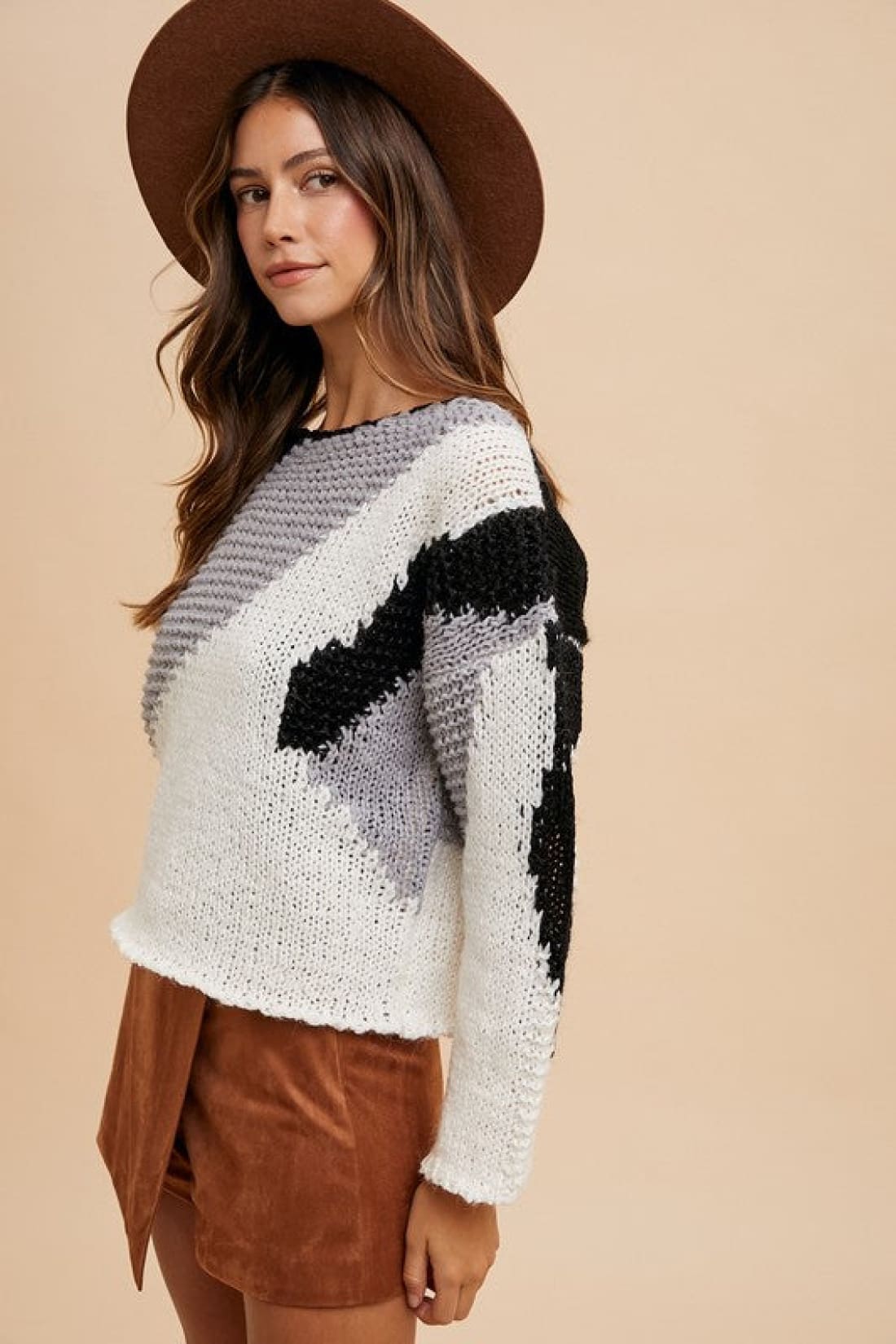 Abstract Color Block Drop Shoulder Sweater in Black
