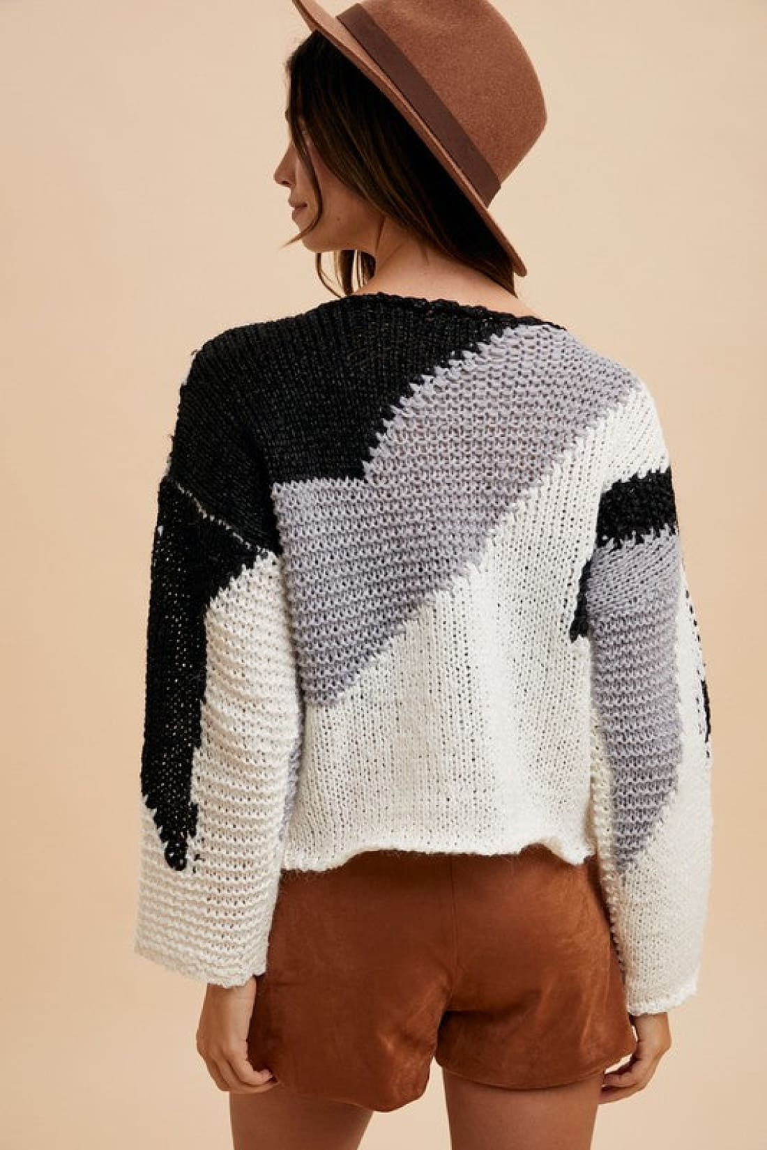 Abstract Color Block Drop Shoulder Sweater in Black