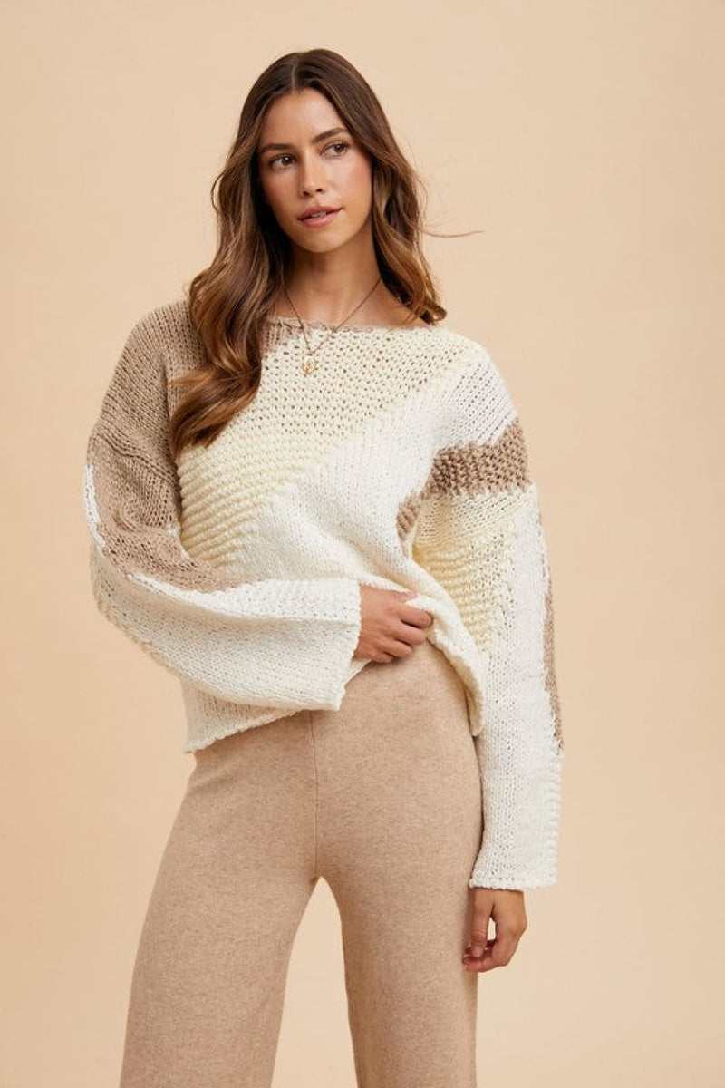 Abstract Color Block Drop Shoulder Sweater in Taupe