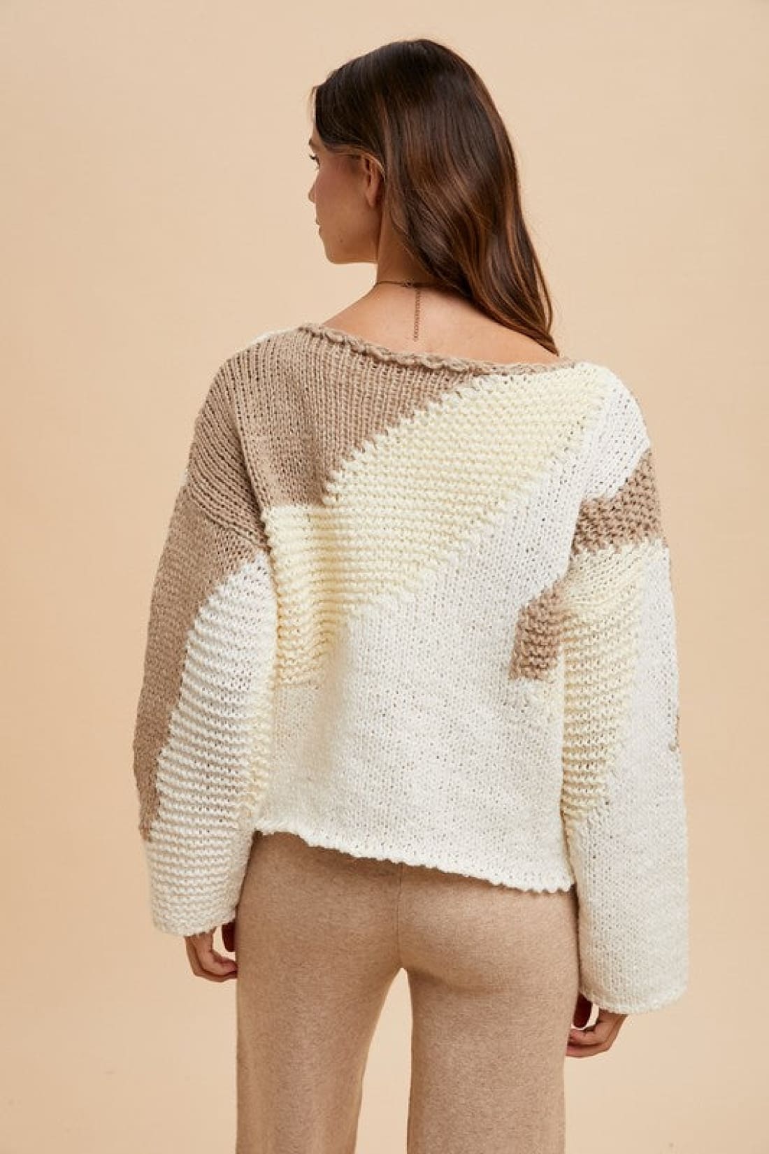 Abstract Color Block Drop Shoulder Sweater in Taupe